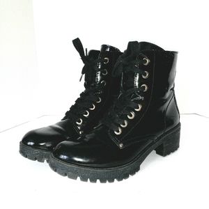 Aldo size 9 patent high ankle lace up black combat boots round toe